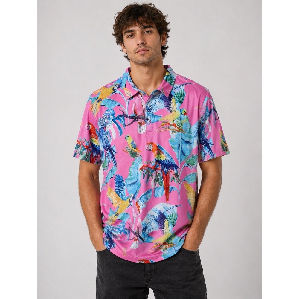 PROUD 90 Golf Is Fun Polo Shirt Large Pink Parrot Tropical Print Stretch -3024